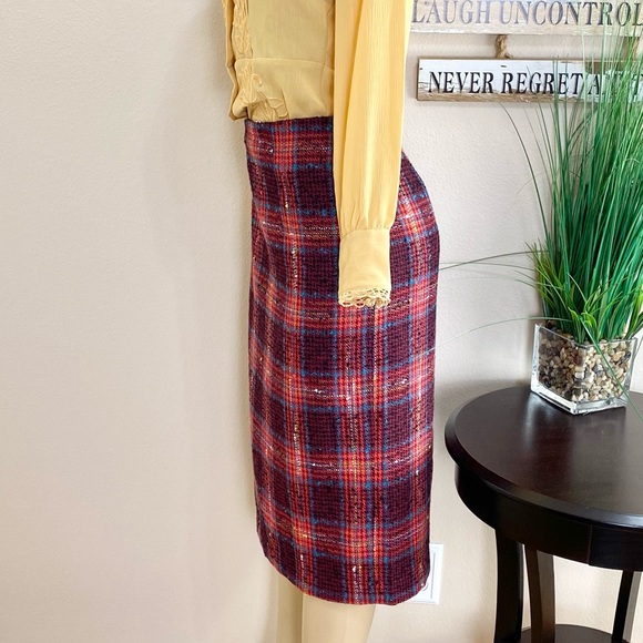 HALOGEN  | Red Plaid Wool Midi Pencil Skirt Sz 12 - Picture 3 of 9